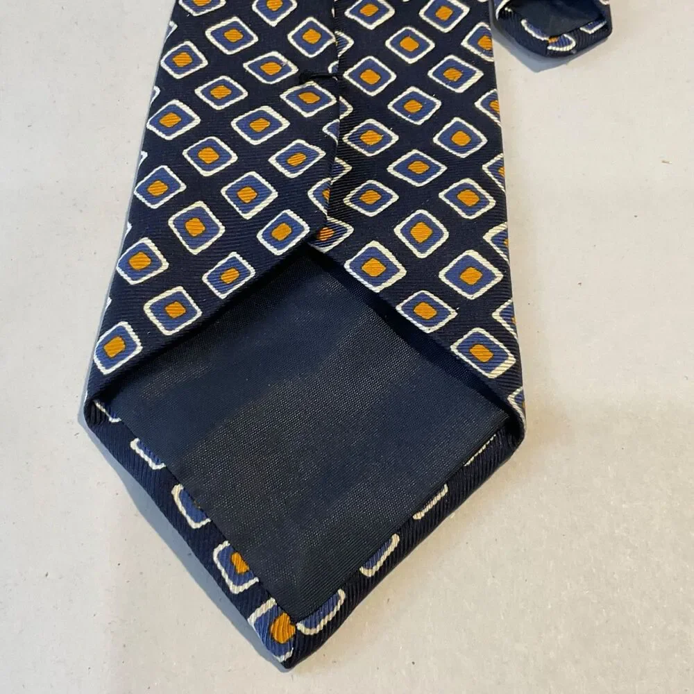 Harold Powell geometric Foulard XL silk tie Made In USA Navy gold white 60.5